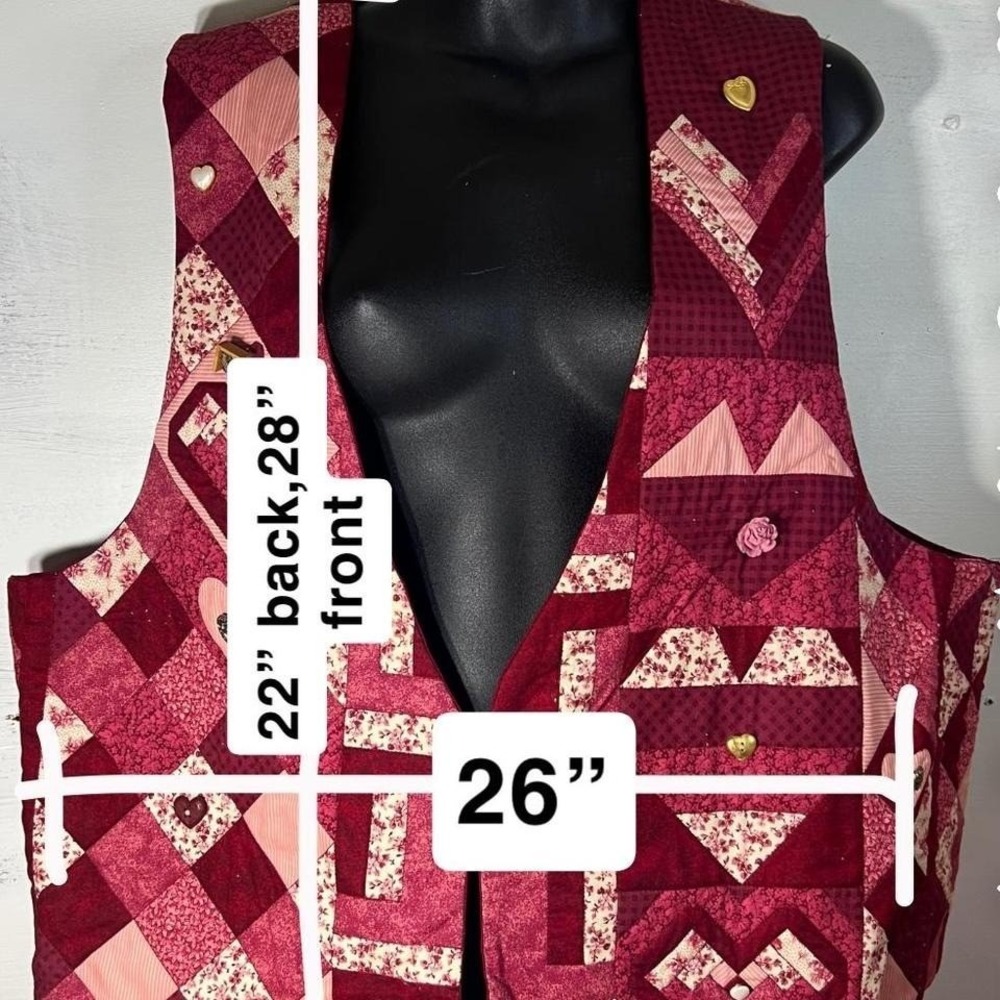 Handmade vintage quilt patchwork sweater vest, pink no tags cozy hearts red chic - Picture 2 of 8